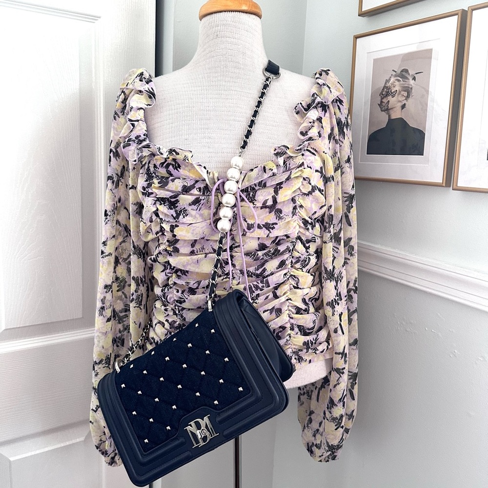 💕NWT Badgley Mischka Denim Diamond Quilted Crossbody with White PearlS💕